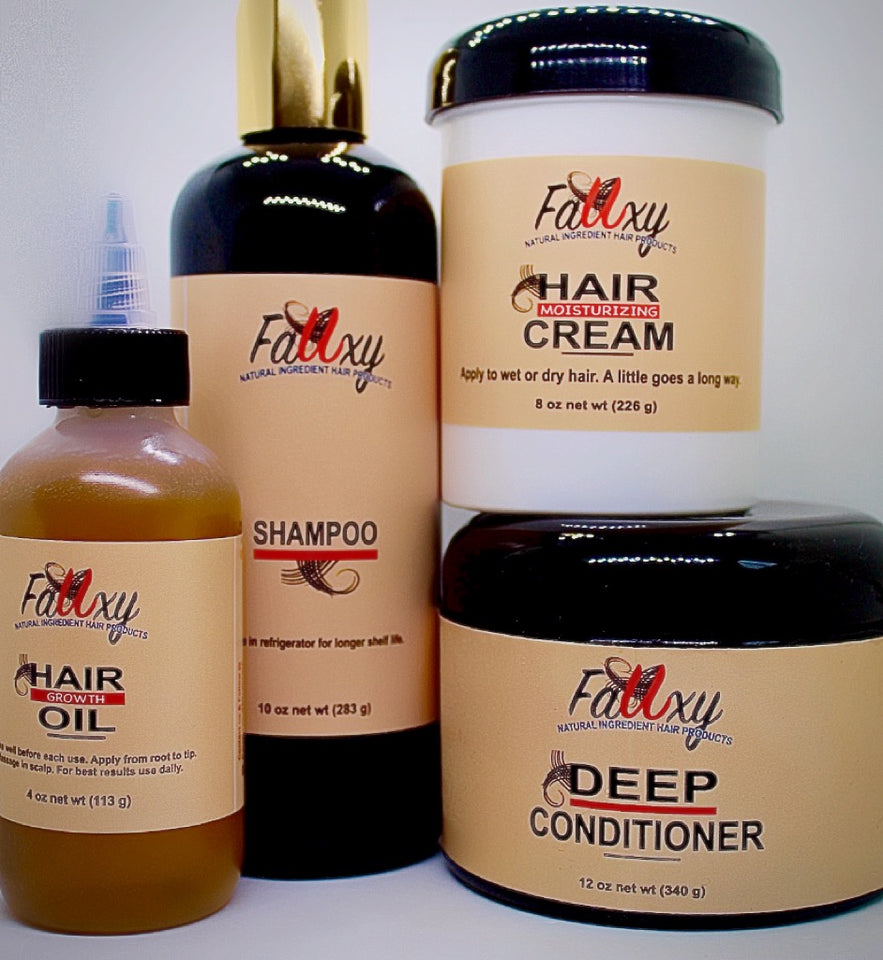 This bundle includes shampoo, comditioner, hair growth oil, and hair cream. The perfect combo for your hair growth journey.